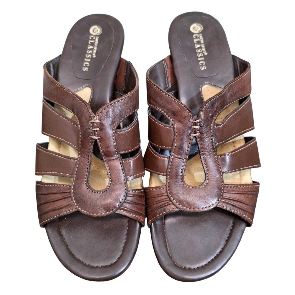 Earth Spirit Classics Brown Leather Slide Sandals Women's 8.5 Mules Cone Heel